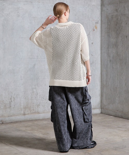 SERACE（セラス）の「【SERACE】Loose openwork mesh short sleeve knit polo shirt / ルーズ透かし編みメッシュ半袖ニットポロシャツ（ポロシャツ・メンズ・ブルー/ホワイト/ブラック・M/L/S）」の20枚目の写真