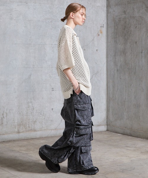 SERACE（セラス）の「【SERACE】Loose openwork mesh short sleeve knit polo shirt / ルーズ透かし編みメッシュ半袖ニットポロシャツ（ポロシャツ・メンズ・ブルー/ホワイト/ブラック・M/L/S）」の21枚目の写真