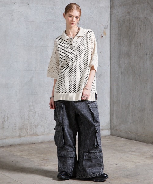 SERACE（セラス）の「【SERACE】Loose openwork mesh short sleeve knit polo shirt / ルーズ透かし編みメッシュ半袖ニットポロシャツ（ポロシャツ・メンズ・ブルー/ホワイト/ブラック・M/L/S）」の22枚目の写真