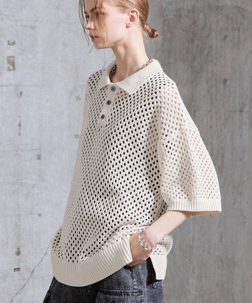 SERACE（セラス）の「【SERACE】Loose openwork mesh short sleeve knit polo shirt / ルーズ透かし編みメッシュ半袖ニットポロシャツ（ポロシャツ・メンズ・ブルー/ホワイト/ブラック・M/L/S）」の6枚目の写真