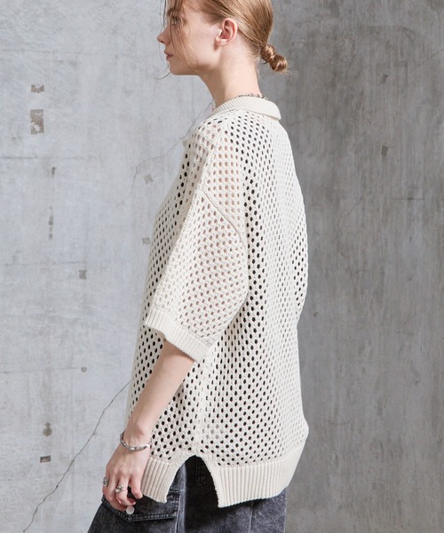 SERACE（セラス）の「【SERACE】Loose openwork mesh short sleeve knit polo shirt / ルーズ透かし編みメッシュ半袖ニットポロシャツ（ポロシャツ・メンズ・ブルー/ホワイト/ブラック・M/L/S）」の7枚目の写真