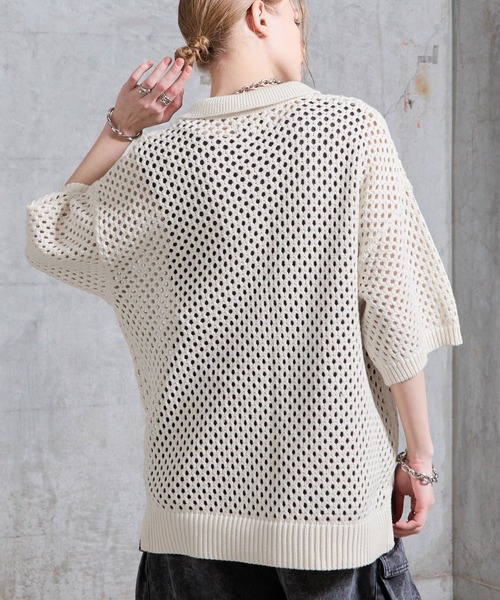 SERACE（セラス）の「【SERACE】Loose openwork mesh short sleeve knit polo shirt / ルーズ透かし編みメッシュ半袖ニットポロシャツ（ポロシャツ・メンズ・ブルー/ホワイト/ブラック・M/L/S）」の8枚目の写真