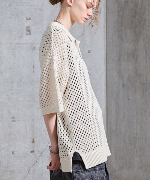 SERACE（セラス）の「【SERACE】Loose openwork mesh short sleeve knit polo shirt / ルーズ透かし編みメッシュ半袖ニットポロシャツ（ポロシャツ・メンズ・ブルー/ホワイト/ブラック・M/L/S）」の9枚目の写真