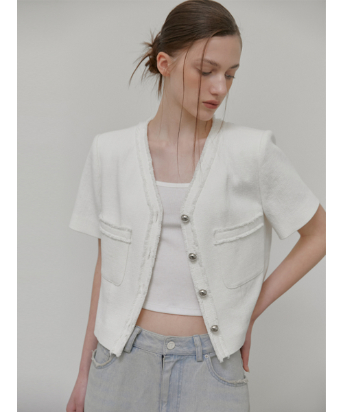 ETMON(エトモン)の「V-Neck Fringe Tweed Jacket, White(その他アウター・レディース・その他・M/S)」の1枚目の写真