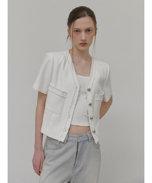 ETMON(エトモン)の「V-Neck Fringe Tweed Jacket, White(その他アウター・レディース・その他・M/S)」の3枚目の写真