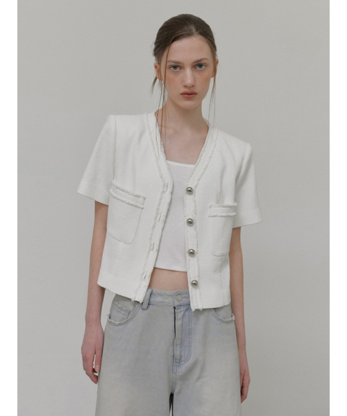 ETMON(エトモン)の「V-Neck Fringe Tweed Jacket, White(その他アウター・レディース・その他・M/S)」の5枚目の写真