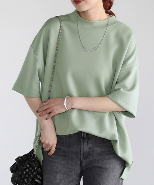 Cinderella(シンデレラ)の「Tシャツ レディース シャツ 春 夏 半袖 春夏 カットソー モックネック ドロップショルダー ゆったり 大きいサイズ かわいい おしゃれ ミドル丈 シンプル 無地 女性 きれいめ ダンボール 20代 30代 40代 50代 ブラック アイボリー ライトブルー ライトグリーン(Tシャツ/カットソー・レディース・ブラック/ライトブルー/ライトグリーン・FREE)」の2枚目の写真