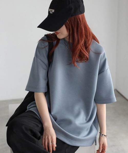 Cinderella(シンデレラ)の「Tシャツ レディース シャツ 春 夏 半袖 春夏 カットソー モックネック ドロップショルダー ゆったり 大きいサイズ かわいい おしゃれ ミドル丈 シンプル 無地 女性 きれいめ ダンボール 20代 30代 40代 50代 ブラック アイボリー ライトブルー ライトグリーン(Tシャツ/カットソー・レディース・ブラック/ライトブルー/ライトグリーン・FREE)」の3枚目の写真