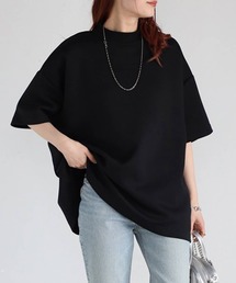 Cinderella | Tシャツ レディース シャツ 春 夏 半袖 春夏 カットソー モックネック ドロップショルダー ゆったり 大きいサイズ かわいい おしゃれ ミドル丈 シンプル 無地 女性 きれいめ ダンボール 20代 30代 40代 50代 ブラック アイボリー ライトブルー ライトグリーン(Tシャツ/カットソー)