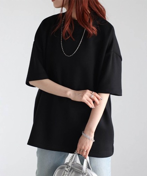 Cinderella(シンデレラ)の「Tシャツ レディース シャツ 春 夏 半袖 春夏 カットソー モックネック ドロップショルダー ゆったり 大きいサイズ かわいい おしゃれ ミドル丈 シンプル 無地 女性 きれいめ ダンボール 20代 30代 40代 50代 ブラック アイボリー ライトブルー ライトグリーン(Tシャツ/カットソー・レディース・ブラック/ライトブルー/ライトグリーン・FREE)」の8枚目の写真