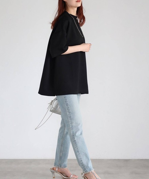 Cinderella(シンデレラ)の「Tシャツ レディース シャツ 春 夏 半袖 春夏 カットソー モックネック ドロップショルダー ゆったり 大きいサイズ かわいい おしゃれ ミドル丈 シンプル 無地 女性 きれいめ ダンボール 20代 30代 40代 50代 ブラック アイボリー ライトブルー ライトグリーン(Tシャツ/カットソー・レディース・ブラック/ライトブルー/ライトグリーン・FREE)」の11枚目の写真