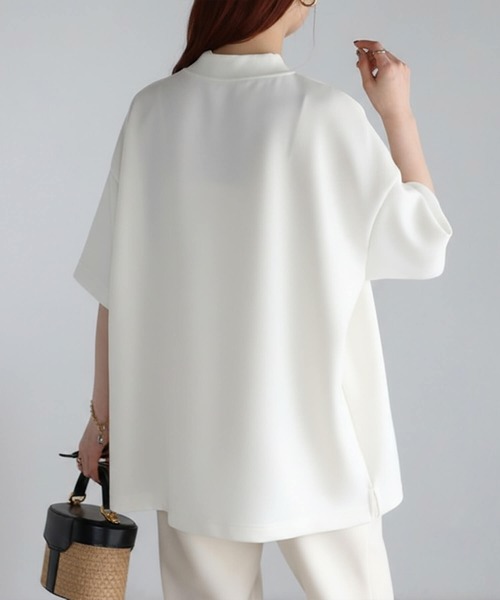 Cinderella(シンデレラ)の「Tシャツ レディース シャツ 春 夏 半袖 春夏 カットソー モックネック ドロップショルダー ゆったり 大きいサイズ かわいい おしゃれ ミドル丈 シンプル 無地 女性 きれいめ ダンボール 20代 30代 40代 50代 ブラック アイボリー ライトブルー ライトグリーン(Tシャツ/カットソー・レディース・ブラック/ライトブルー/ライトグリーン・FREE)」の13枚目の写真