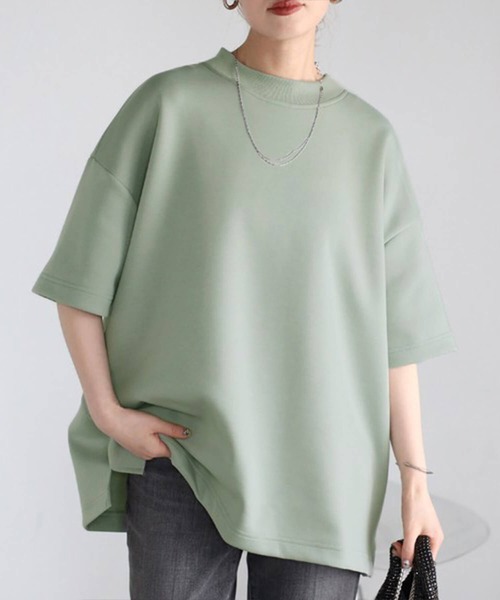 Cinderella(シンデレラ)の「Tシャツ レディース シャツ 春 夏 半袖 春夏 カットソー モックネック ドロップショルダー ゆったり 大きいサイズ かわいい おしゃれ ミドル丈 シンプル 無地 女性 きれいめ ダンボール 20代 30代 40代 50代 ブラック アイボリー ライトブルー ライトグリーン(Tシャツ/カットソー・レディース・ブラック/ライトブルー/ライトグリーン・FREE)」の5枚目の写真