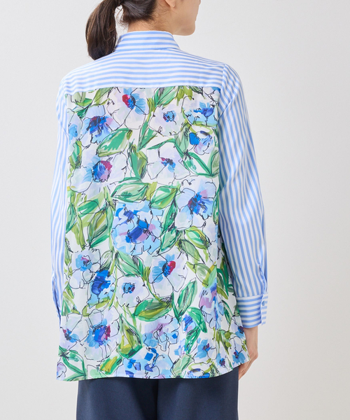 NARACAMICIE（ナラカミーチェ）の「【NARACAMICIE】ストレッチストライプバックラインフラワー柄長袖シャツ（シャツ/ブラウス・レディース・ブルー/ピンク・M/XL）」の5枚目の写真