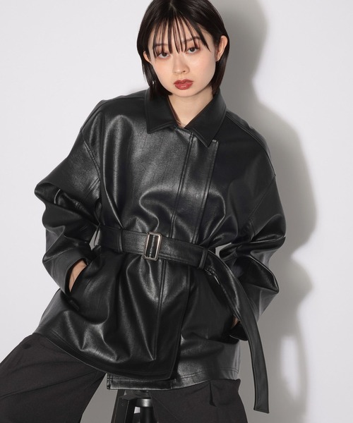 PAGEBOY（ページボーイ）の「フェイクレザールーズライダース（ライダースジャケット・レディース・オフホワイト/ブラック・FREE）」の2枚目の写真