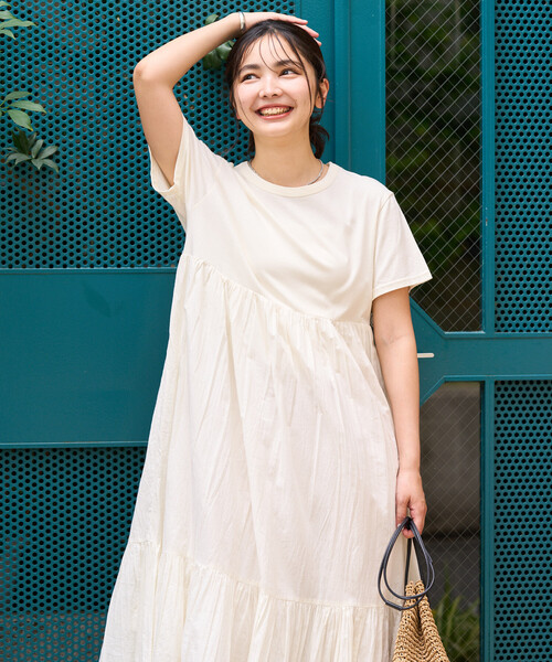 インド ドッキング Tシャツワンピース/異素材切替ワンピース