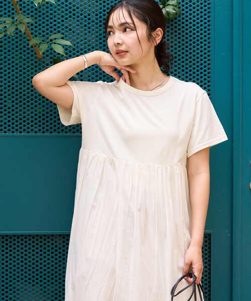 インド ドッキング Tシャツワンピース/異素材切替ワンピース