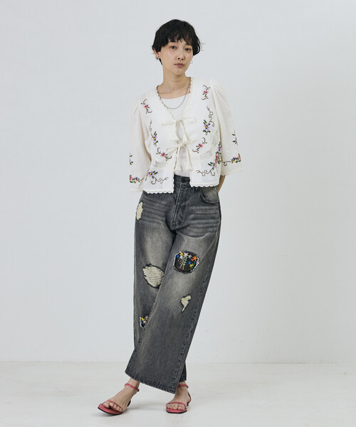 Freada（フリーダ）の「Freada/フリーダ インド フラワー クロス刺繍 レース ボレロ（シャツ/ブラウス・レディース・サックスブルー/ブラック/ホワイト・ONE SIZE）」の10枚目の写真