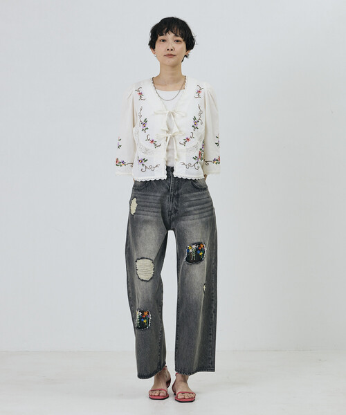 Freada（フリーダ）の「Freada/フリーダ インド フラワー クロス刺繍 レース ボレロ（シャツ/ブラウス・レディース・サックスブルー/ブラック/ホワイト・ONE SIZE）」の11枚目の写真