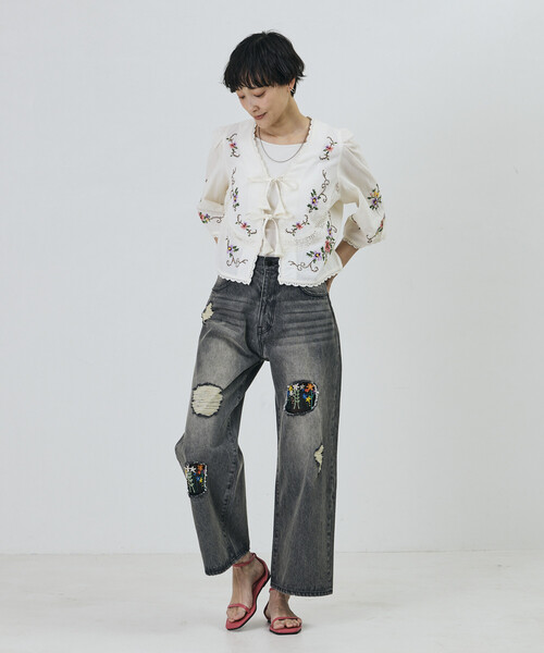 Freada（フリーダ）の「Freada/フリーダ インド フラワー クロス刺繍 レース ボレロ（シャツ/ブラウス・レディース・サックスブルー/ブラック/ホワイト・ONE SIZE）」の12枚目の写真