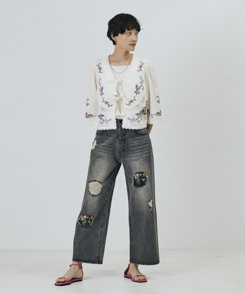 Freada（フリーダ）の「Freada/フリーダ インド フラワー クロス刺繍 レース ボレロ（シャツ/ブラウス・レディース・サックスブルー/ブラック/ホワイト・ONE SIZE）」の16枚目の写真