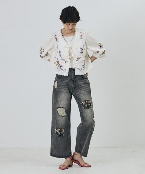 Freada（フリーダ）の「Freada/フリーダ インド フラワー クロス刺繍 レース ボレロ（シャツ/ブラウス・レディース・サックスブルー/ブラック/ホワイト・ONE SIZE）」の17枚目の写真