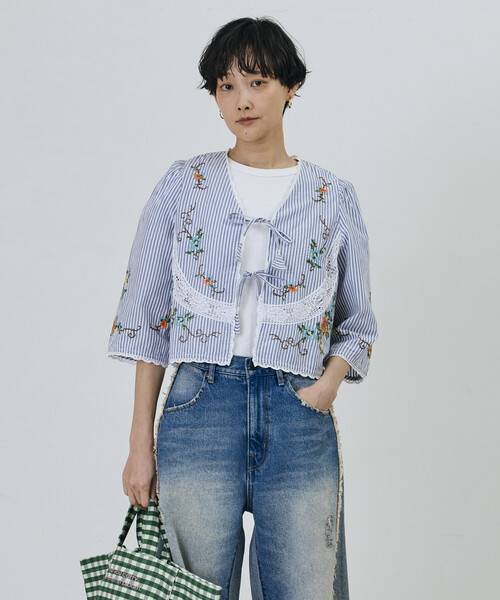 Freada/フリーダ インド フラワー クロス刺繍 レース ボレロ（シャツ