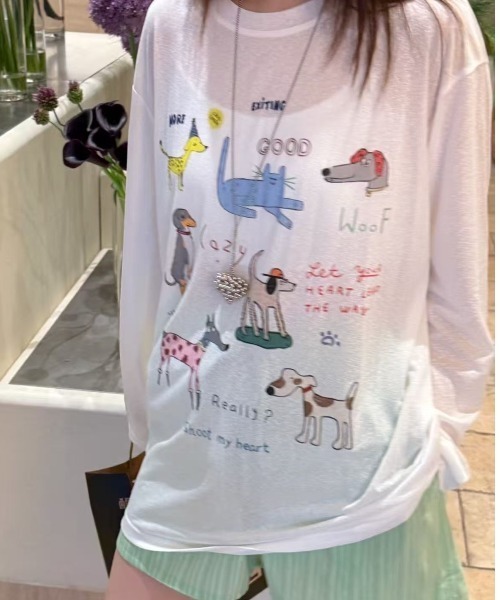 DIAVEL（ディアベル）の「[2color]イラストプリントシアールーズロングTシャツ（Tシャツ/カットソー・レディース・ホワイト/ピンク・M）」の9枚目の写真