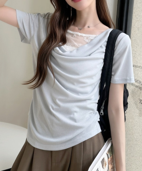 Ada.(エイダ)の「首元レース タイトフィット ドレープ カットソー(Tシャツ/カットソー・レディース・ホワイト/イエロー/ブルー/グレー・FREE)」の3枚目の写真