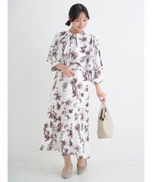 【大きいサイズ】【WEB限定】花柄ボウタイワンピース