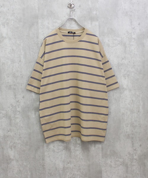 ZI-ON（ジーオン）の「メンズ Tシャツ 半袖 クルーネック ボーダー ゆるシルエット（Tシャツ/カットソー・メンズ・チャコールグレー/ダークグリーン/ブルー/オフホワイト/ネイビー/ベージュ・XL/L/M）」の3枚目の写真