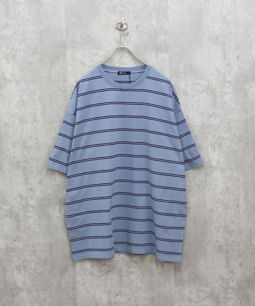 ZI-ON（ジーオン）の「メンズ Tシャツ 半袖 クルーネック ボーダー ゆるシルエット（Tシャツ/カットソー・メンズ・チャコールグレー/ダークグリーン/ブルー/オフホワイト/ネイビー/ベージュ・XL/L/M）」の6枚目の写真