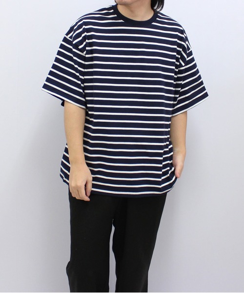 ZI-ON（ジーオン）の「メンズ Tシャツ 半袖 クルーネック ボーダー ゆるシルエット（Tシャツ/カットソー・メンズ・チャコールグレー/ダークグリーン/ブルー/オフホワイト/ネイビー/ベージュ・XL/L/M）」の11枚目の写真