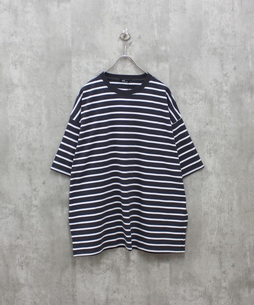 ZI-ON（ジーオン）の「メンズ Tシャツ 半袖 クルーネック ボーダー ゆるシルエット（Tシャツ/カットソー・メンズ・チャコールグレー/ダークグリーン/ブルー/オフホワイト/ネイビー/ベージュ・XL/L/M）」の12枚目の写真