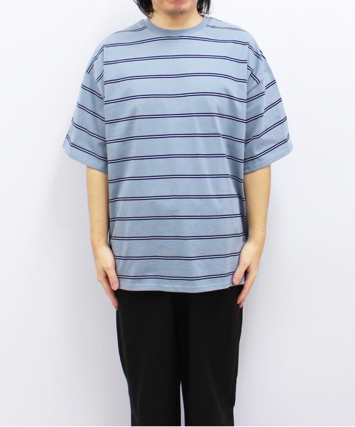ZI-ON（ジーオン）の「メンズ Tシャツ 半袖 クルーネック ボーダー ゆるシルエット（Tシャツ/カットソー・メンズ・チャコールグレー/ダークグリーン/ブルー/オフホワイト/ネイビー/ベージュ・XL/L/M）」の15枚目の写真