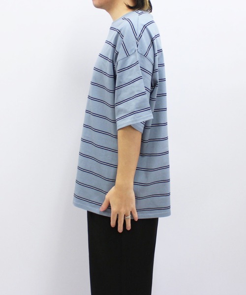 ZI-ON（ジーオン）の「メンズ Tシャツ 半袖 クルーネック ボーダー ゆるシルエット（Tシャツ/カットソー・メンズ・チャコールグレー/ダークグリーン/ブルー/オフホワイト/ネイビー/ベージュ・XL/L/M）」の16枚目の写真