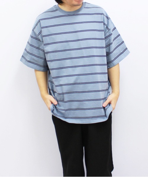 ZI-ON（ジーオン）の「メンズ Tシャツ 半袖 クルーネック ボーダー ゆるシルエット（Tシャツ/カットソー・メンズ・チャコールグレー/ダークグリーン/ブルー/オフホワイト/ネイビー/ベージュ・XL/L/M）」の19枚目の写真