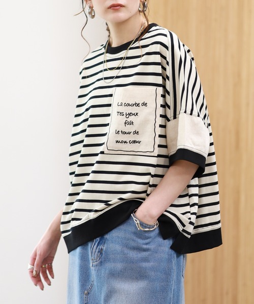 EGLANTINE（エグランティーヌ）の「EGLANTINE ビッグポケット切り替えカットソー 半端袖（Tシャツ/カットソー・レディース・ブラック×ホワイト/カーキ/ブラウン系・38）」の2枚目の写真