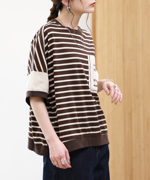 EGLANTINE（エグランティーヌ）の「EGLANTINE ビッグポケット切り替えカットソー 半端袖（Tシャツ/カットソー・レディース・ブラック×ホワイト/カーキ/ブラウン系・38）」の18枚目の写真