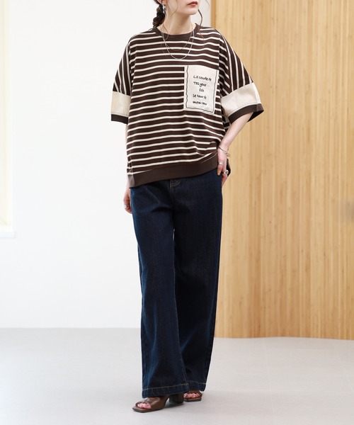EGLANTINE（エグランティーヌ）の「EGLANTINE ビッグポケット切り替えカットソー 半端袖（Tシャツ/カットソー・レディース・ブラック×ホワイト/カーキ/ブラウン系・38）」の20枚目の写真