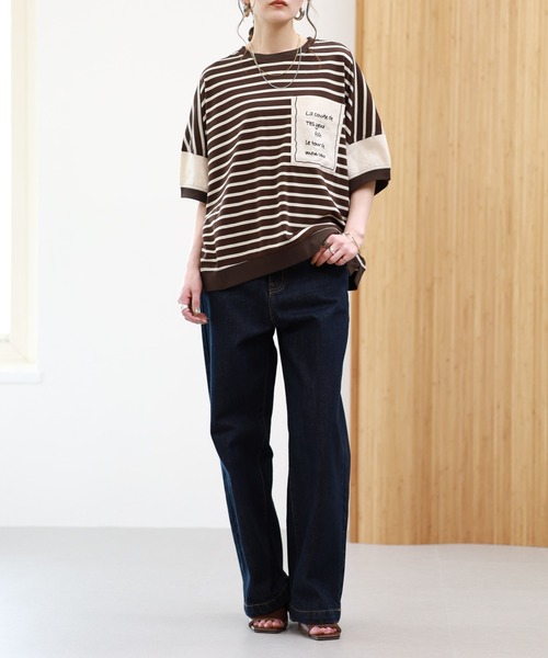 EGLANTINE（エグランティーヌ）の「EGLANTINE ビッグポケット切り替えカットソー 半端袖（Tシャツ/カットソー・レディース・ブラック×ホワイト/カーキ/ブラウン系・38）」の21枚目の写真
