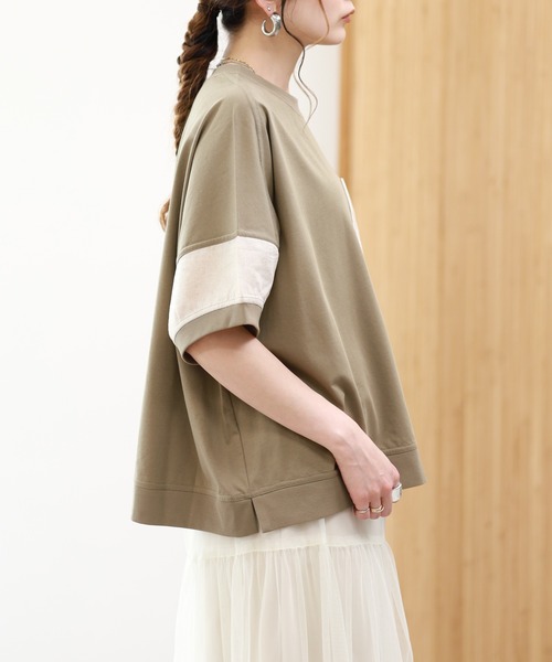 EGLANTINE（エグランティーヌ）の「EGLANTINE ビッグポケット切り替えカットソー 半端袖（Tシャツ/カットソー・レディース・ブラック×ホワイト/カーキ/ブラウン系・38）」の6枚目の写真