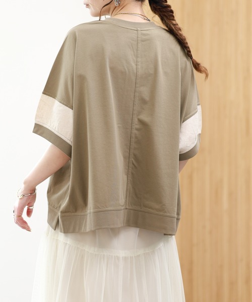 EGLANTINE（エグランティーヌ）の「EGLANTINE ビッグポケット切り替えカットソー 半端袖（Tシャツ/カットソー・レディース・ブラック×ホワイト/カーキ/ブラウン系・38）」の7枚目の写真