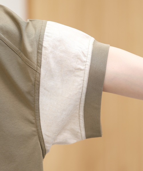 EGLANTINE（エグランティーヌ）の「EGLANTINE ビッグポケット切り替えカットソー 半端袖（Tシャツ/カットソー・レディース・ブラック×ホワイト/カーキ/ブラウン系・38）」の4枚目の写真