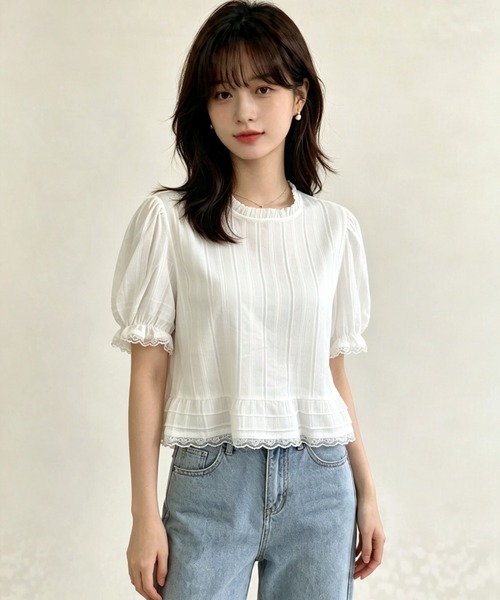 gossip!ロサンゼルス(ゴシップロサンゼルス)の「襟フリルレースストライプパフスリーブショートブラウス(シャツ/ブラウス・レディース・ホワイト・L/XL/3XL/XXL)」の5枚目の写真