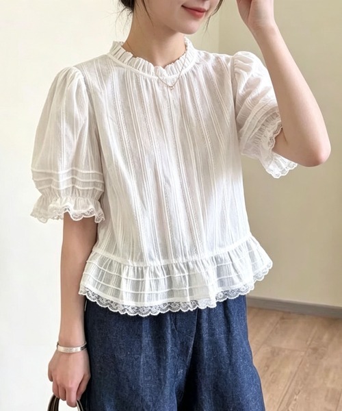 gossip!ロサンゼルス(ゴシップロサンゼルス)の「襟フリルレースストライプパフスリーブショートブラウス(シャツ/ブラウス・レディース・ホワイト・L/XL/3XL/XXL)」の14枚目の写真
