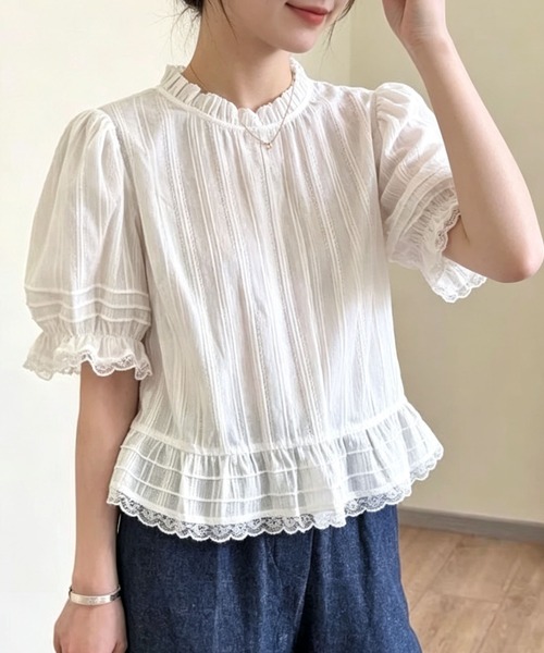 gossip!ロサンゼルス(ゴシップロサンゼルス)の「襟フリルレースストライプパフスリーブショートブラウス(シャツ/ブラウス・レディース・ホワイト・L/XL/3XL/XXL)」の12枚目の写真