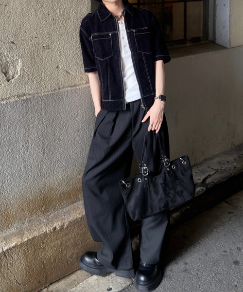 Chikashitsu +(チカシツプラス)の「【Chikashitsu +】double tuck stripe slacks / 【チカシツプラス】ダブルタックストライプスラックス(スラックス・メンズ・ブラック・L/M/S)」の4枚目の写真