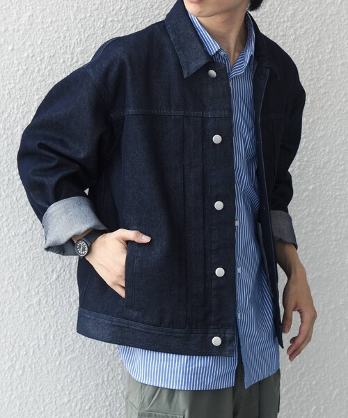 SHIPS any(シップス エニィ)の「SHIPS any: ステイカラー デニムライク リラックス ブルゾン(セットアップ対応)◇(デニムジャケット・メンズ・ネイビー/チャコールグレー・LARGE/MEDIUM)」の9枚目の写真