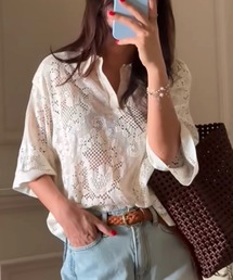 ポロカラー半袖レーストップス